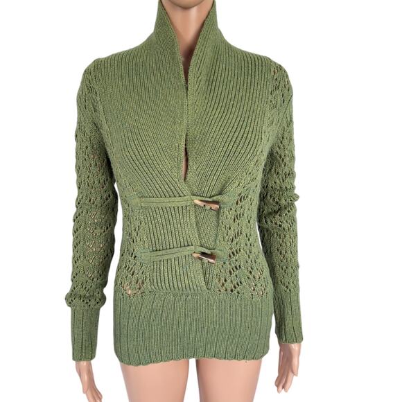 Y2K Old Navy Mock Neck Open Knit Fairy Preppy Cardigan Sweater Toggle S Green - Picture 1 of 7